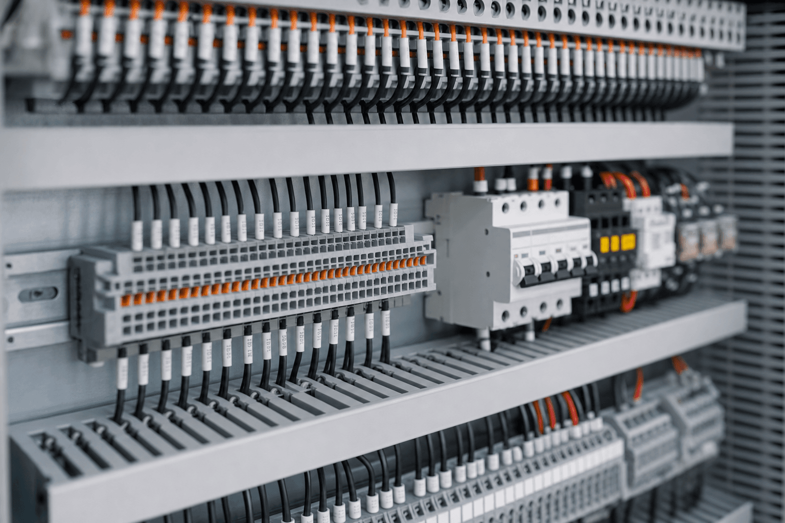 Close-up of A1X control panel wiring, DIN-rail terminal blocks, and component layout